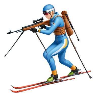 An icon featuring a biathlete in motion, holding a rifle and skiing across a snowy course. The backdrop includes snow-covered trees, distant mountains, and a clear blue sky. Transparent background highlights the precision, endurance, and excitement of biathlon. sticker