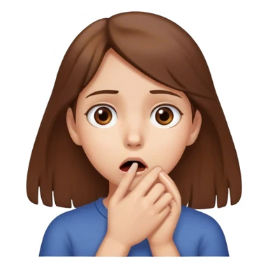 Girl brown hair hearing shooking news looks concerned holds her hand in front of her mouth  sticker