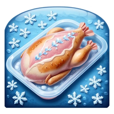 A pack of frozen chicken breasts sealed in transparent plastic packaging, covered with frost and ice crystals. The meat looks pale pink with a slight icy glaze, sitting in a freezer with cool blue lighting. Realistic detail, cold atmosphere, food photography style. sticker