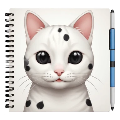 gatita blanca con manchas grandes negras en los ojos feliz en viendo una libreta con anillado sticker