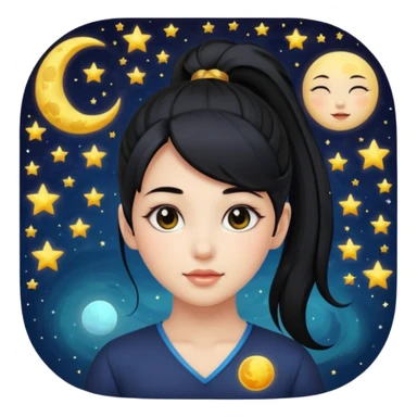 girl with black ponytail, sun, moon, star sticker