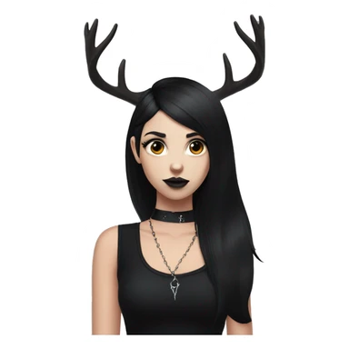 Goth deer girl with black hair in a sleeveless black dress and choker, white antlers and deer ears portrait sticker