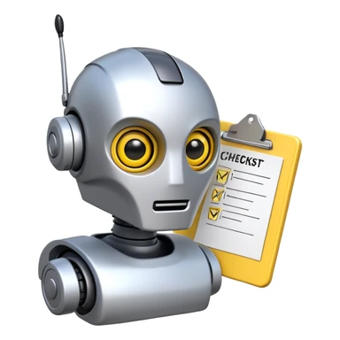 robot head, next to the head is a yellow clipboard checklist with a warning symbol on it sticker