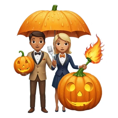 Make a guy hugging a giant pumpkin with a fork in his right hand while there's fire while there's a lady watching while it's raining while there's an umbrella on the ground that's alive and the sun has a bow tie on his neck sticker