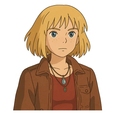 ghibli style illustration of a 14-year-old girl with choppy blonde hair, armpit length, shortest at mouth, middle part, light freckles, blue eyes, defined cupid's brow, tight dark red top, brown leather jacket, necklaces sticker