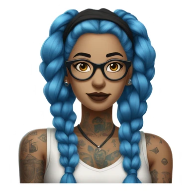 The image shows a female figure with long blue hair, tied in buns. She wears glasses and has several visible tattoos. Her outfit is a sleeveless blouse with a dark design, complemented by long gloves, reflecting a bold and modern aesthetic. sticker