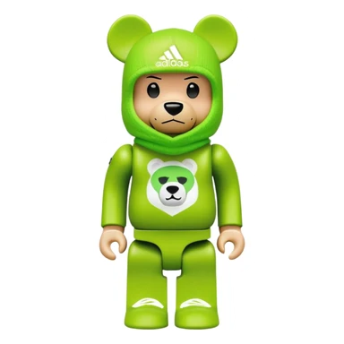 bearbrick toy with cubic design, wearing a lime green balaclava with Adidas trefoil logo, clear aggressive eyebrows, proper bear figure sticker