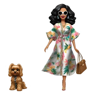 Palm Beach Breeze Barbie, teen Wednesday Addams ,walking by the pool, white skin, full body visible, wavy hair,handbag, aloof,eyeshadow,earrings,open flowing floral caftan,small 2 piece, sunglasses on top,heels,holding yorkie Miss Thang sticker