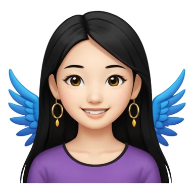 A Asian girl with fare skin and hoop earrings, long straight black hair with black eyes, smiling with a open wings eyeliner sticker
