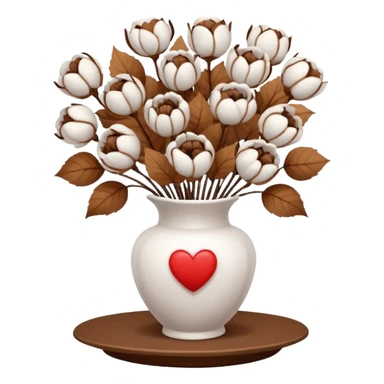 a bouquet of cotton flowers with brown dried petals, in a white ribbed vase on a white tray. next to it is a figurine in the form of a white heart sticker