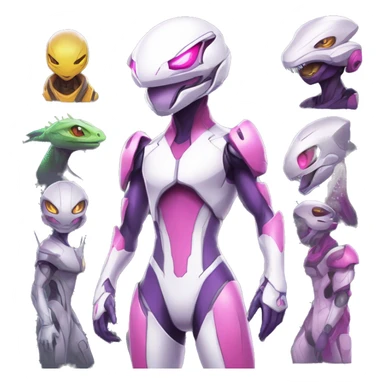 White body, Anthro-Sona-Lizard-Alien-Genesect-Mewtwo-Fakémon, with pink eyes, with a futuristic visor-helmet, wearing a techwear-suit, Full Body sticker