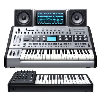 Create a professional and detailed emoji that represents sound design equipment. The design should feature a high-end Korg synthesizer, a sound mixing console, and a control panel with audio cables connecting to large studio speakers. Surround the equipment with sound waves made of musical notes to symbolize the creative process of shaping sound. Use sleek colors like silver, black, and neon accents to highlight the high-tech nature of the equipment. The background should be transparent. sticker