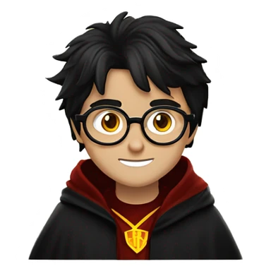 Create an emoji of a young wizard Harry Potter with round glasses, messy black hair, and a lightning-shaped scar on his forehead. He should have bright green eyes and be wearing a black robe with a red and gold Gryffindor scarf sticker
