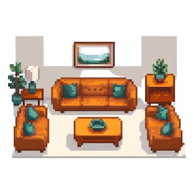 escenary 3d of a cozy mid-century living room with two people working on laptops, one man standing at a desk, and one woman sitting on a couch sticker