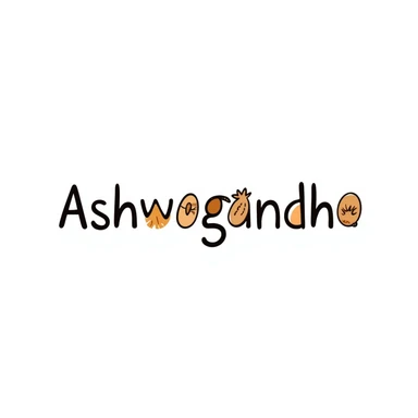 The word "Ashwagandha" hand-drawn in a warm earthy color palette with browns, oranges, and subtle greens. Simple doodle style with minimal decoration. sticker