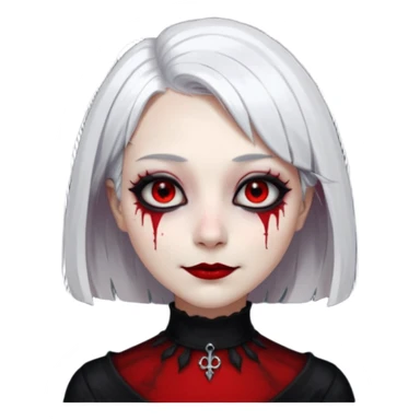female, unnatural eye color with veiny eyes, sickly skin texture combined with an unnatural creepy smile, liminal setting that feels wrong, uncanny eerie art style, scary femme fatale, bob cut, mole under eye, white hair, red iris, black mascara, black eyeshadow, Gothic white skin, sticker