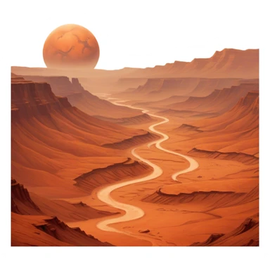 Cinematic Realistic Mars, portrayed with rugged, rust-colored landscapes, deep canyons, and swirling dust storms rendered with lifelike texture and an orange-hued glow that evokes the enigmatic allure of the Red Planet. sticker