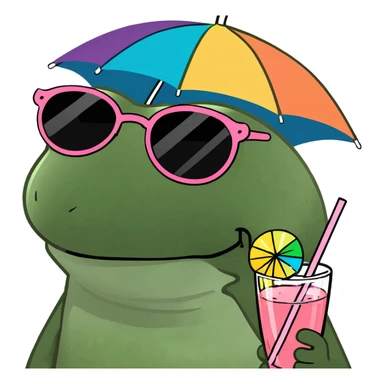 Bufo frog in a jumping pose, with rainbow umbrella hat, round sunglasses, holding a pink cocktail with a straw, classic Bufo meme style sticker