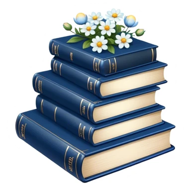 "A vintage-inspired book stack with deep blue covers, accompanied by delicate flowers and magical elements."
 sticker
