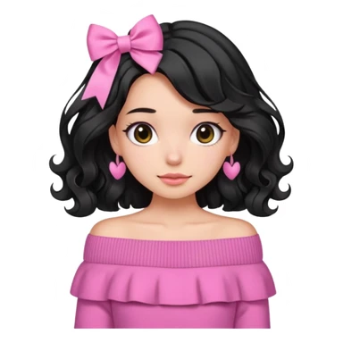Girl with black wavy not so long hair and a ribbon hair clip beside it make it look like wearing a pink off shoulder sweater sticker