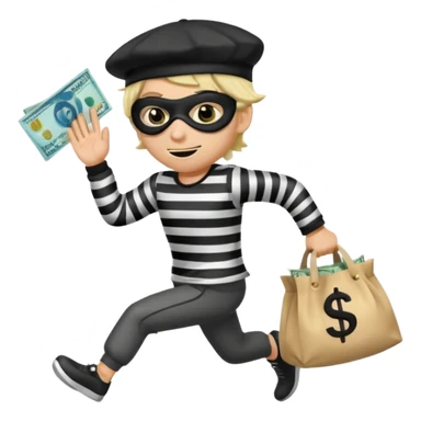 running emoji of a classic burglar, a black eye mask (looks like a blindfold) and a black-and-white striped shirt. emoji-like hair, black hat, ONE bag of money 💰 with a dollar sign in a hand sticker