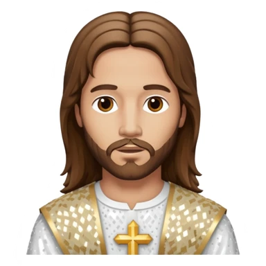 Jesus Christ from The Bible with long brown hair, white sequin outfit sticker
