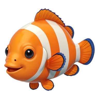Full body of a clownfish with bright orange and white striped body, small fins, rounded tail, big black eyes, smiling expression, cartoon style, floating in water, front-facing sticker