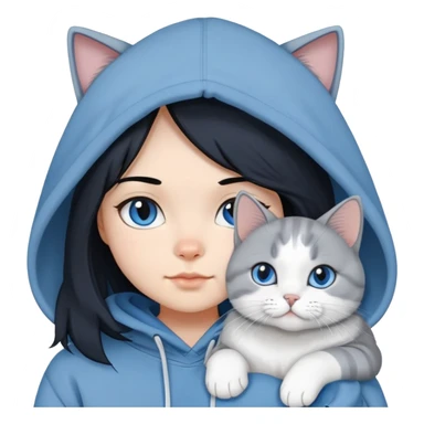 Girl with black hair in gray hoodie with a British shorthair blue and white cat and a long-haired blue and white cat sticker