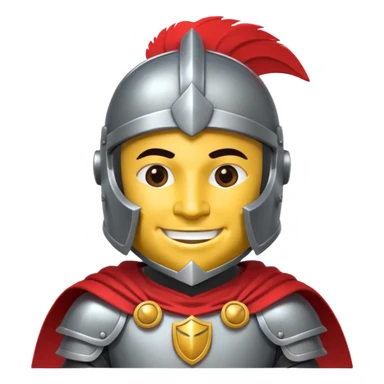 A friendly Trojan warrior mascot with a large cartoon-style head, wearing a silver helmet with a red crest and black cheek guards.  confident smile. The character wears dark armor with metallic details and a bright yellow cape.  sticker