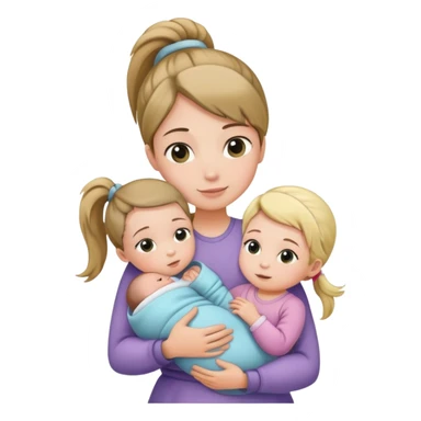 Big sister with ponytail carefully holding newborn baby while hugging younger sister sticker