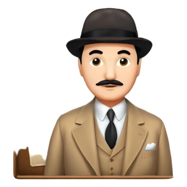 Icon for Detective Movies: A colorful collage with Hercule Poirot and mysterious city backdrop. Include a board with photos of suspects, clues like fingerprints and a crime scene. Retro movie poster style. Transparent background. sticker