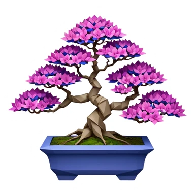 Futuristic wild et alien moss maples Bonsai hair-fine-leaf group crimson crystal azalea purple and cream pink blue informal cliffhanger forest planting in shallow slab origami style pot  sticker