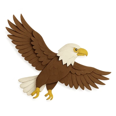 bald eagle soaring, paper craft style, layered paper details, sharp yellow eyes, white head, brown plumage, wings outstretched sticker