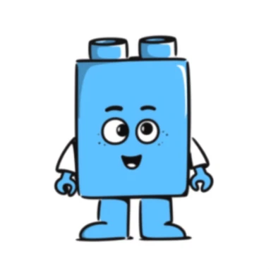A hand-drawn blue Lego-style brick with a silly expression and tiny arms sticker