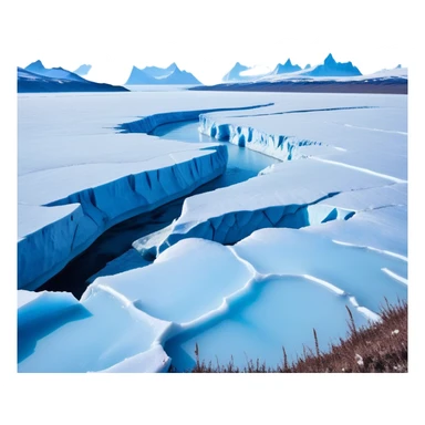 Cinematic Realistic Tundra with Glaciers Emoji in a wooden frame, Vast and frozen, with endless expanses of snow-covered ground interrupted by massive glaciers creeping across the landscape. Jagged ice formations rise in the distance, their icy blue tones contrasting with the pale, frosty sky above. Sparse grasses and hardy shrubs cling to the frozen earth, fighting against the relentless cold. The light reflects off the snow and glaciers, casting a soft glow across the desolate yet majestic terrain. Soft glowing outline, capturing the essence of a serene, stark wilderness where glaciers dominate and life endures in the harshest conditions. sticker