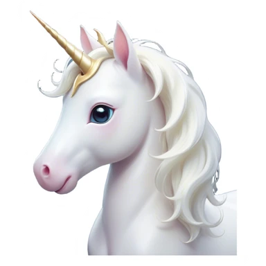 Cinematic Cute White Unicorn Portrait Emoji, Head tilted playfully and inquisitively, featuring a charming, petite form with a silky white color, a delicately flowing mane and tail, and a tiny, sparkling horn, with large, dreamy eyes full of wonder, Simplified yet irresistibly adorable features, highly detailed, glowing with a warm, enchanting glow, high shine, affectionate and lively, stylized with a touch of fairy-tale whimsy, soft glowing outline, capturing the essence of a mischievous yet endearing white unicorn that seems as if it could gallop out of the screen into your heart! sticker