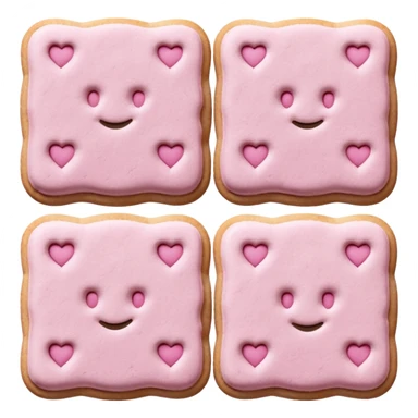 three pink Reims biscuits, rectangular with rounded edges, soft pink color, powdered sugar dusting, crisp textured surface with subtle cracks, arranged overlapping, soft lighting, subtle shadows, no plate or packaging, no faces, transparent background, emoji scale sticker