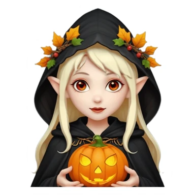 female elf vampire emoji, pale skin, red eyes, elegant face, autumn leaf and pumpkin wreath on head, black hooded cloak with cobweb details, holding small glowing pumpkin lantern, Halloween fantasy theme, Apple emoji style, clean white background, square sticker