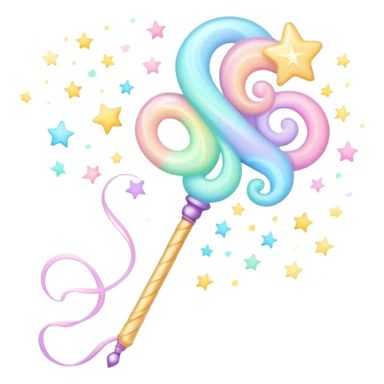 Cinematic cute magical wand, pastel swirls of color, tiny twinkling stars floating around, glowing softly, chubby rounded edges, whimsical and dreamy. sticker