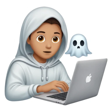 Create an emoji where an ungender person sits in front of the desk, designing ghost characters on laptop. Please refer to the attached image for ghost characters. sticker