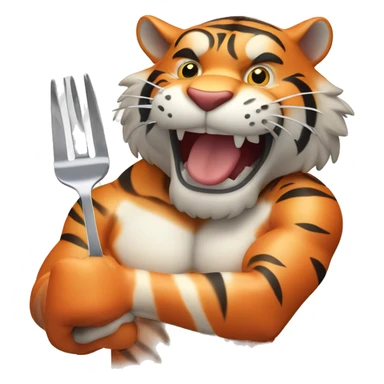a muscular grinning tiger holding a fork poking into a fillet of salmon with the tip of its paws sticker
