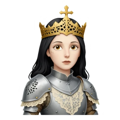 realistic cinematic actress Cher in Victorian lace styling like Joan of Arc dirty damaged armor in a forest sticker