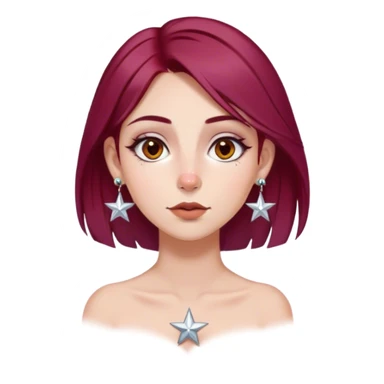 emoji of girl with maroon  hair in a middle part with dangly star earrings straight nose hazel eyes medium perfect eye brows with  a nose ring silver on the right nostril  sticker