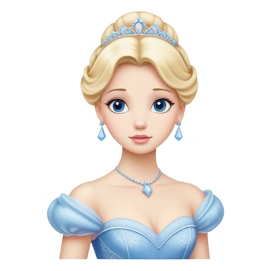 Cinematic Realistic Cinderella Portrait, depicted with lifelike porcelain skin, elegantly styled blonde hair, and a serene, graceful expression. Dressed in her classic ball gown with intricately detailed fabric textures and delicate pastel hues that catch soft, natural lighting, this portrait captures the timeless beauty of a fairy tale princess. sticker