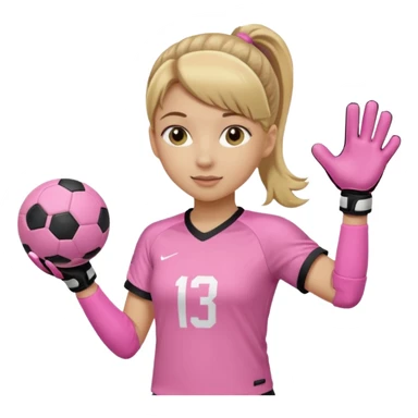 Make a dirty blonde football goalkeeper with goalkeeper gloves on holding a regular football. NOT AN AMERICAN FOOTBALK BALL. The girl is light skinned and wearing a light pink football. Wearing a ponytail with the dirty blonde. Make it without the whole body sticker