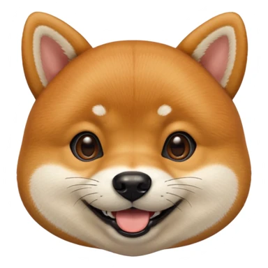 Head of a Shiba Inu dog in Apple emoji style, orange-brown fur with white muzzle and cheeks, round face, big black eyes, perky ears, grinning with closed mouth, no tongue, front-facing, glossy texture, soft shadows
 sticker