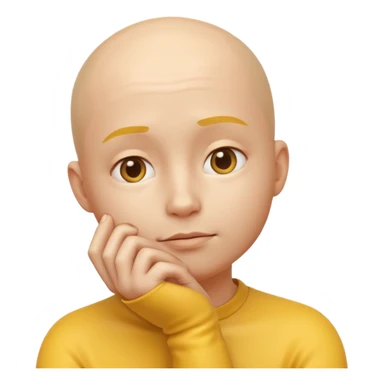 a 3D rendered yellow round face emoji with a thoughtful expression, one hand touching the chin in a pondering pose, no hair, smooth glossy surface, realistic shading and soft studio lighting, subtle reflections for depth, clean white background, high-quality digital render sticker