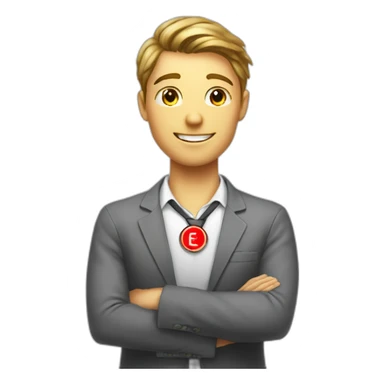 An employee of the real estate agency "Floors" with a red badge around his neck with the inscription etagi sticker