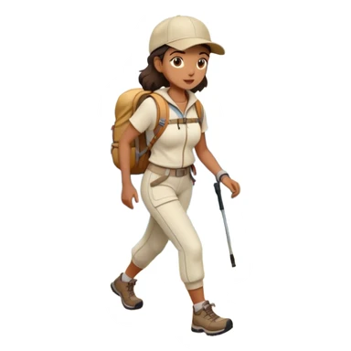 Full body woman hiking on mountain trail cream clothes baseball cap sticker