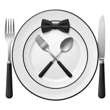 Minimalistic flat vector icon, iOS style, thin black contour on white background. Fork and knife crossed on a plate with a small bow tie above. Clean, no text, no shadows sticker